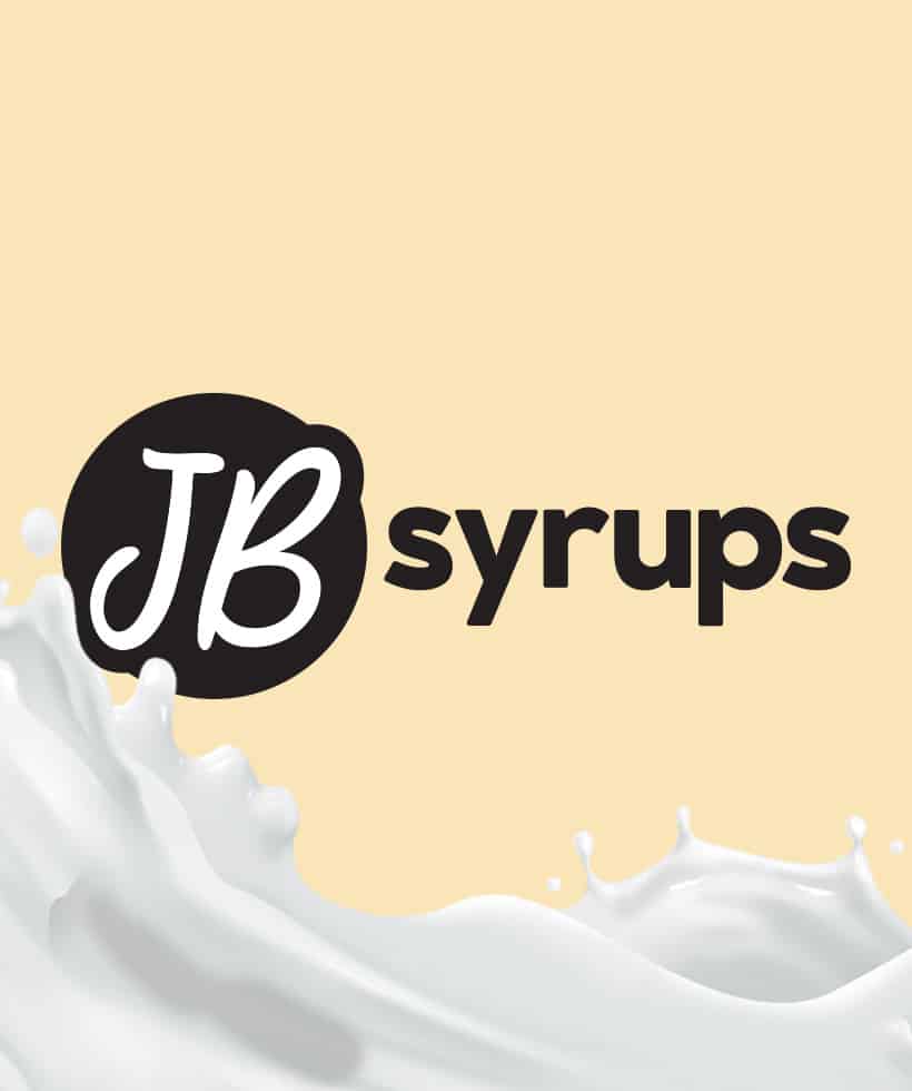 JB Syrups logo on a yellow background featuring milkshake.