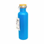 A blue water bottle with a wooden lid, perfect for enjoying milkshakes topped with Toffee Apple Flavour Milkshake Syrup.