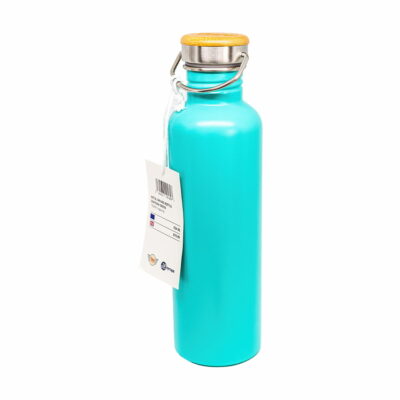 A turquoise water bottle with a Toffee Apple Flavour Milkshake Syrup tag on it.