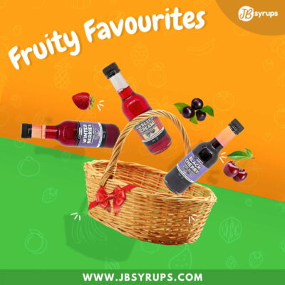 A basket of fruit, topped with a delicious milkshake and drizzled with Fruity Favourites Syrup Bundle.