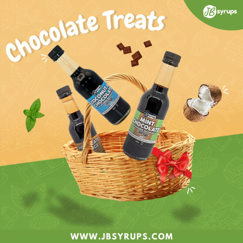 A basket filled with Chocolate Treats Syrup Bundle enhanced with JB Syrups.