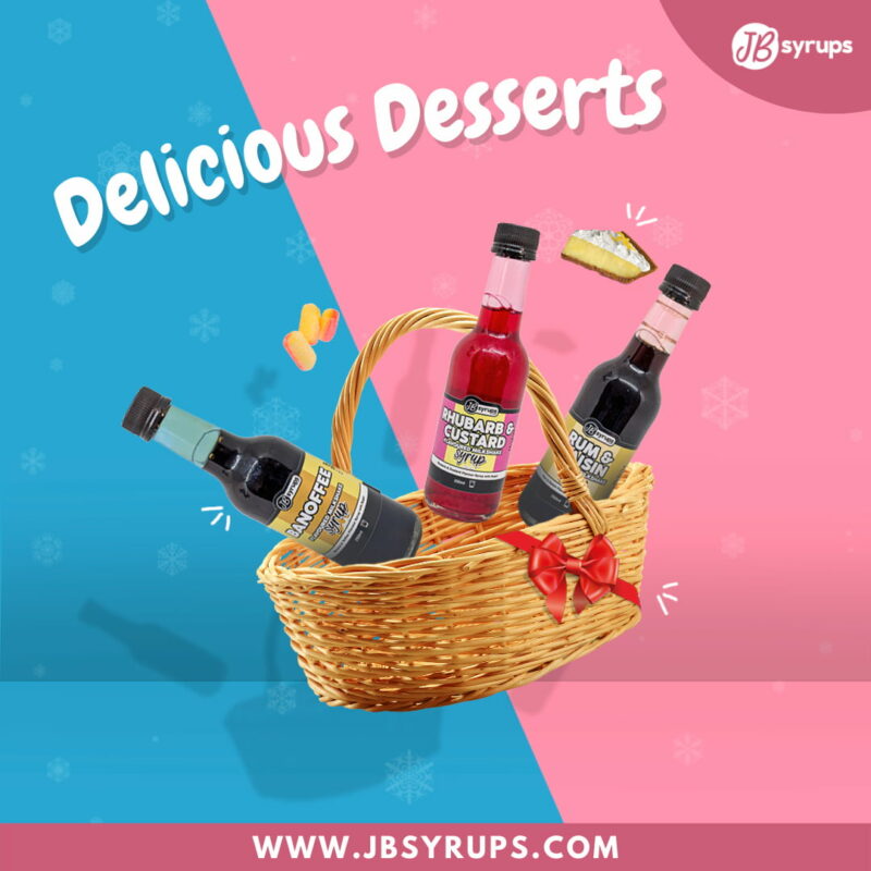 Delicious desserts in a basket featuring Delicious Desserts Syrup Bundle and Milkshake options.